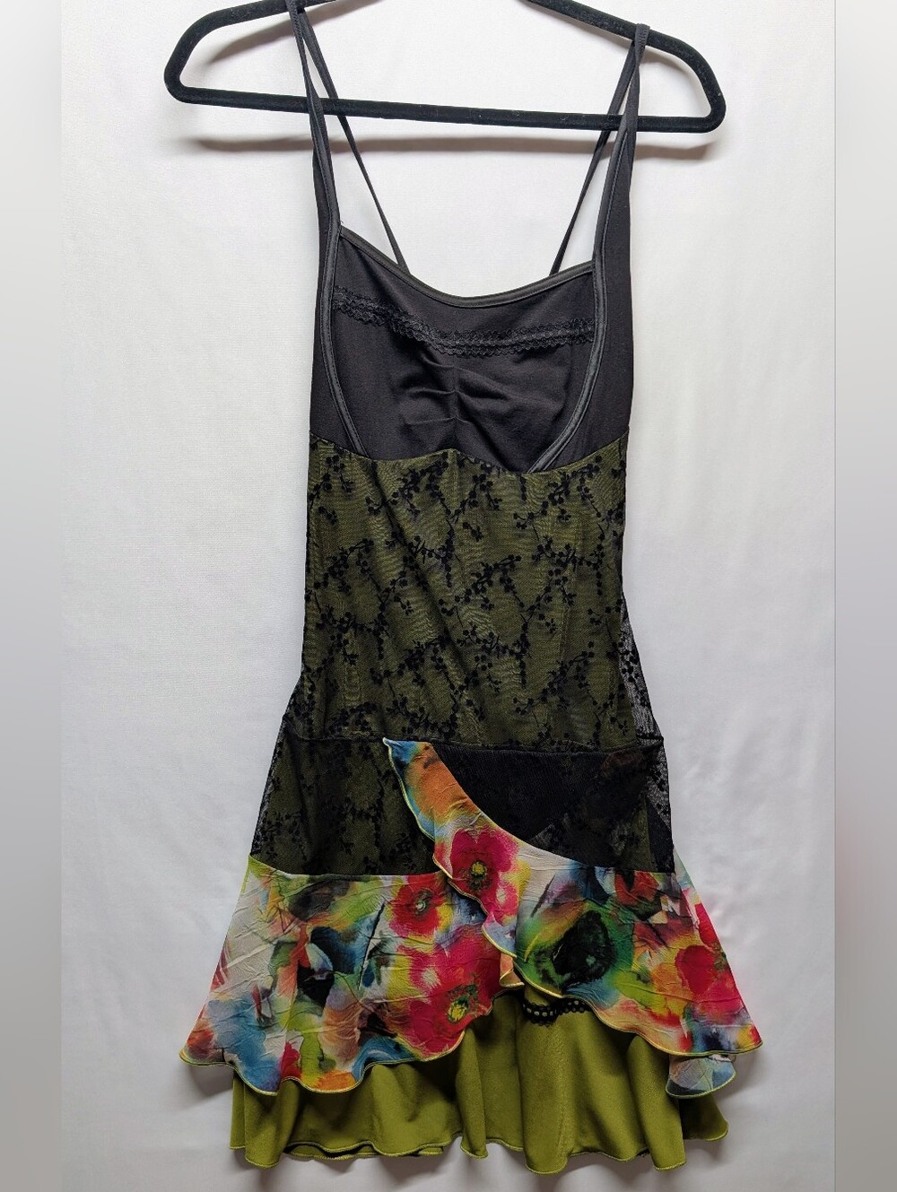 Kollontai Floral Tiered Dress with Lace Overlay - Black & Olive Green